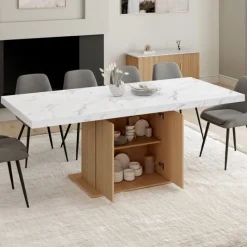 Table à manger extensible rectangle 6-10 personnes plateau effet marbre lattes tasseau bois avec rangement 160-200 cm
