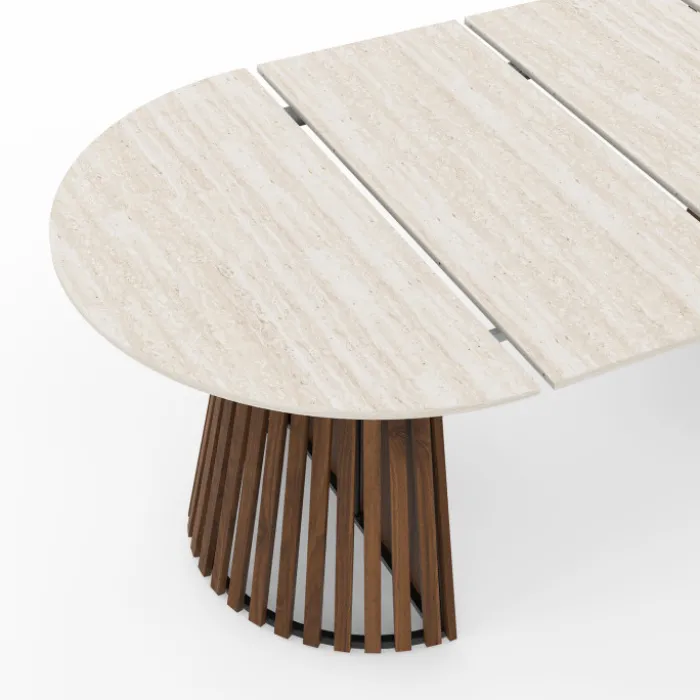 Table à manger extensible ronde 4-10 personnes pied noyer en lattes et plateau effet travertin 110-200 cm