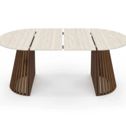 Table à manger extensible ronde 4-10 personnes pied noyer en lattes et plateau effet travertin 110-200 cm