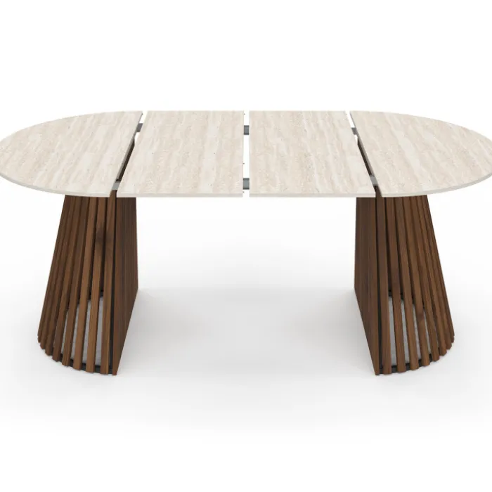 Table à manger extensible ronde 4-10 personnes pied noyer en lattes et plateau effet travertin 110-200 cm