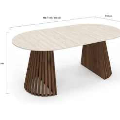 Table à manger extensible ronde 4-10 personnes pied noyer en lattes et plateau effet travertin 110-200 cm