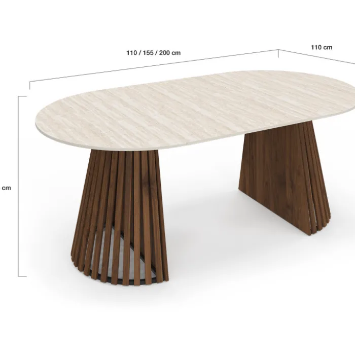 Table à manger extensible ronde 4-10 personnes pied noyer en lattes et plateau effet travertin 110-200 cm