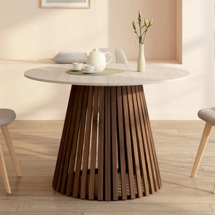 Table à manger extensible ronde 4-10 personnes pied noyer en lattes et plateau effet travertin 110-200 cm