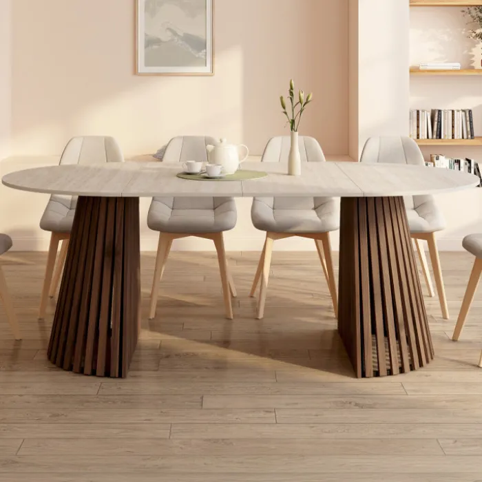 Table à manger extensible ronde 4-10 personnes pied noyer en lattes et plateau effet travertin 110-200 cm