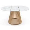 Table à manger extensible ronde 4-8 personnes pied bois en lattes et plateau marbre blanc 110 - 150 cm