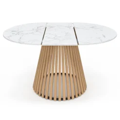 Table à manger extensible ronde 4-8 personnes pied bois en lattes et plateau marbre blanc 110 - 150 cm
