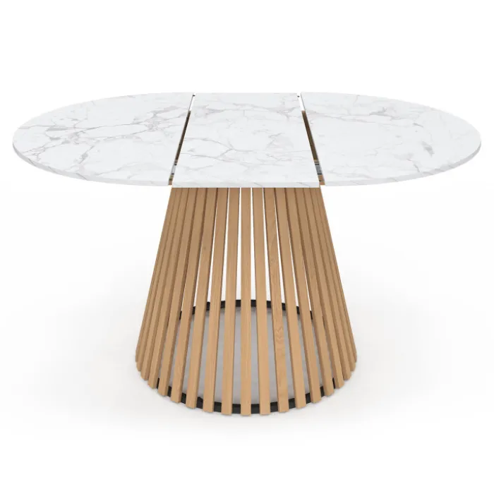 Table à manger extensible ronde 4-8 personnes pied bois en lattes et plateau marbre blanc 110 - 150 cm