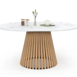 Table à manger extensible ronde 4-8 personnes pied bois en lattes et plateau marbre blanc 110 - 150 cm