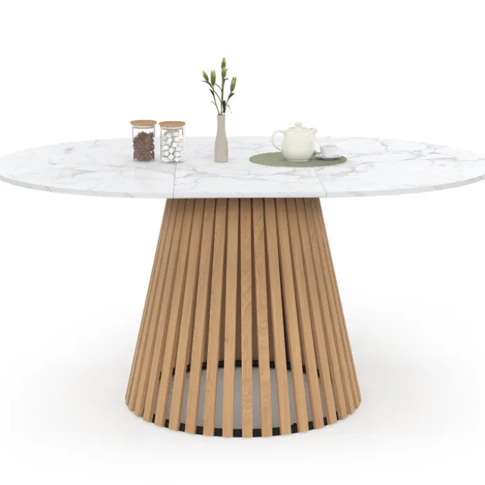 Table à manger extensible ronde 4-8 personnes pied bois en lattes et plateau marbre blanc 110 - 150 cm