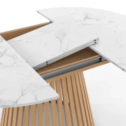 Table à manger extensible ronde 4-8 personnes pied bois en lattes et plateau marbre blanc 110 - 150 cm