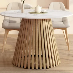Table à manger extensible ronde 4-8 personnes pied bois en lattes et plateau marbre blanc 110 - 150 cm