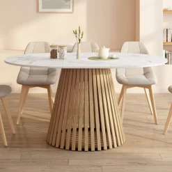 Table à manger extensible ronde 4-8 personnes pied bois en lattes et plateau marbre blanc 110 - 150 cm