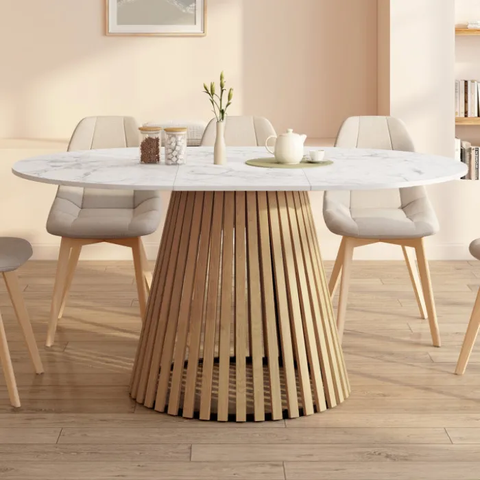 Table à manger extensible ronde 4-8 personnes pied bois en lattes et plateau marbre blanc 110 - 150 cm