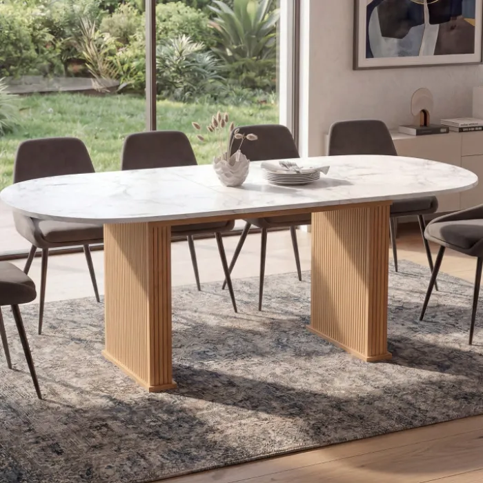 Table à manger extensible ovale JULIETTE 6-10 personnes pieds effet lattes et plateau effet marbre ALASKA 160-200 cm
