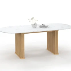Table à manger extensible ovale JULIETTE 6-10 personnes pieds effet lattes et plateau effet marbre ALASKA 160-200 cm
