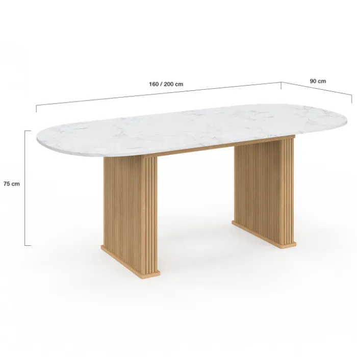 Table à manger extensible ovale JULIETTE 6-10 personnes pieds effet lattes et plateau effet marbre ALASKA 160-200 cm