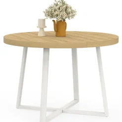 Table à manger extensible ronde 4-10 personnes bois et blanc 110-200 cm