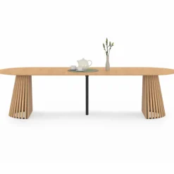 Table à manger extensible ronde 4-12 personnes pied bois en lattes et plateau bois 110-300 cm