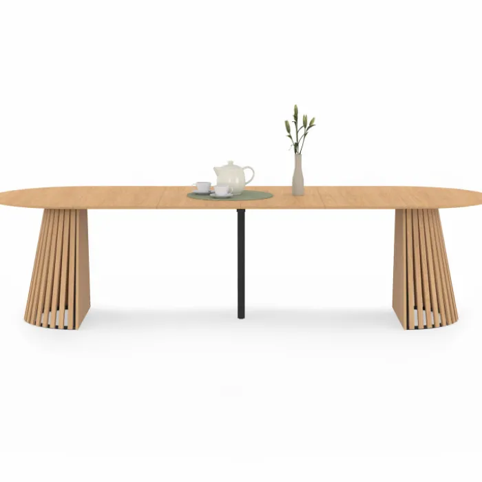 Table à manger extensible ronde 4-12 personnes pied bois en lattes et plateau bois 110-300 cm