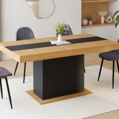 Table à manger extensible bois et bande centrale noire 6-10 personnes
