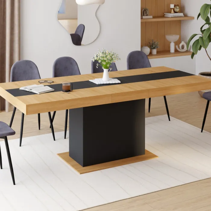 Table à manger extensible bois et bande centrale noire 6-10 personnes