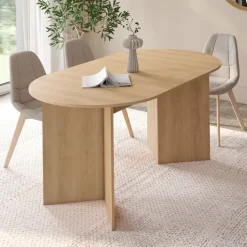 Table à manger extensible ovale 160-200 cm bois façon hêtre 6-10 personnes