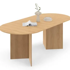 Table à manger extensible ovale 160-200 cm bois façon hêtre 6-10 personnes