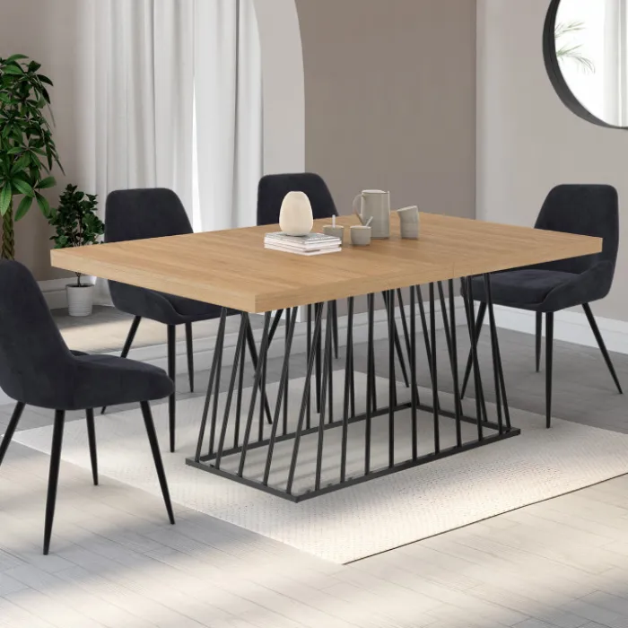 Table à manger extensible rectangle 160-200 cm 6-10 personnes plateau bois et pied filaire en métal noir