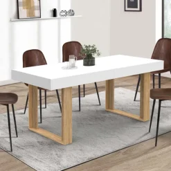 Table à manger extensible rectangulaire 160-200 cm pour 4 à 8 personnes en blanc et bois
