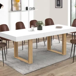 Table à manger extensible rectangulaire 160-200 cm pour 4 à 8 personnes en blanc et bois