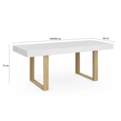 Table à manger extensible rectangulaire 160-200 cm pour 4 à 8 personnes en blanc et bois