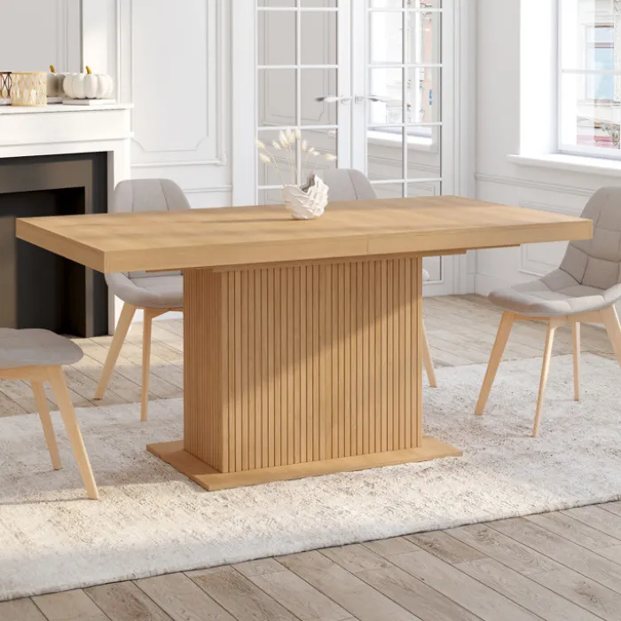 Table à manger extensible 160-200 cm lattes tasseau bois avec rangement pied central 6-10 personnes