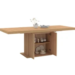 Table à manger extensible 160-200 cm lattes tasseau bois avec rangement pied central 6-10 personnes