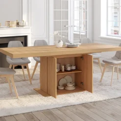 Table à manger extensible 160-200 cm lattes tasseau bois avec rangement pied central 6-10 personnes