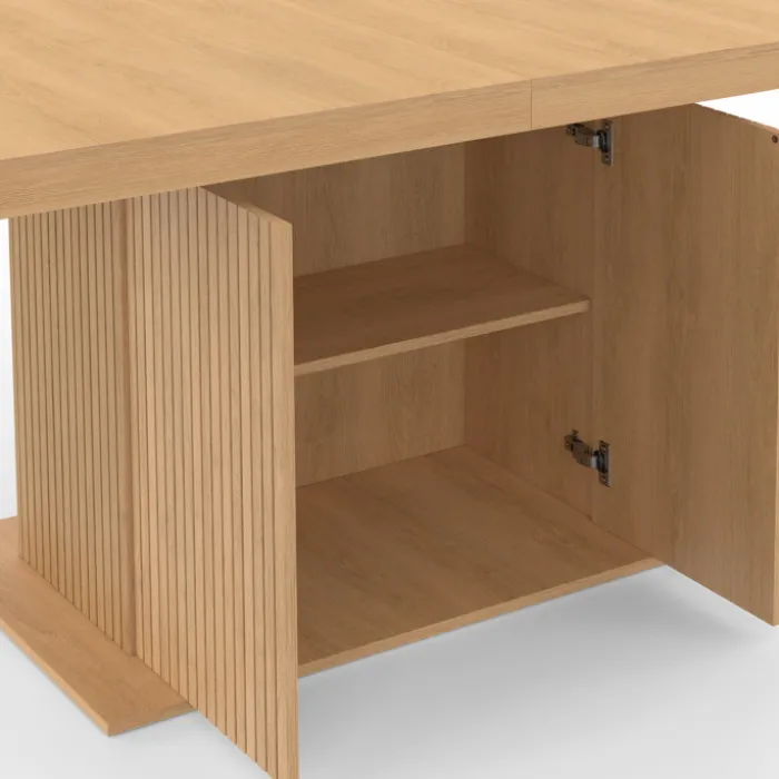 Table à manger extensible 160-200 cm lattes tasseau bois avec rangement pied central 6-10 personnes