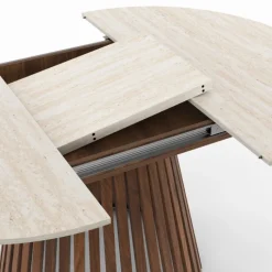 Table à manger extensible ronde 4-8 personnes pied noyer en lattes et plateau effet travertin 110 - 150 cm