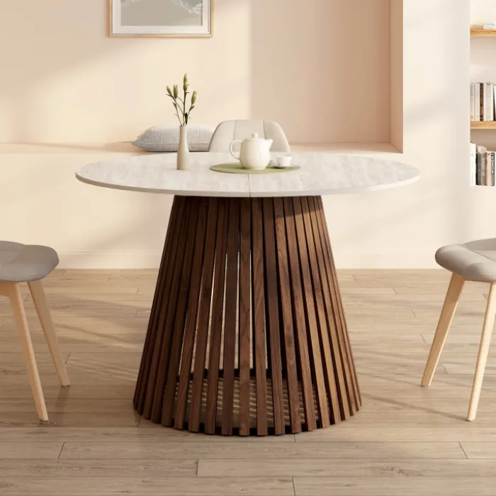 Table à manger extensible ronde 4-8 personnes pied noyer en lattes et plateau effet travertin 110 - 150 cm