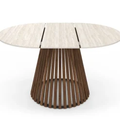 Table à manger extensible ronde 4-8 personnes pied noyer en lattes et plateau effet travertin 110 - 150 cm