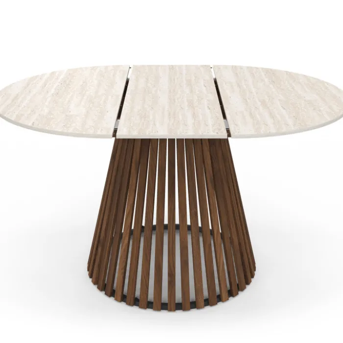 Table à manger extensible ronde 4-8 personnes pied noyer en lattes et plateau effet travertin 110 - 150 cm