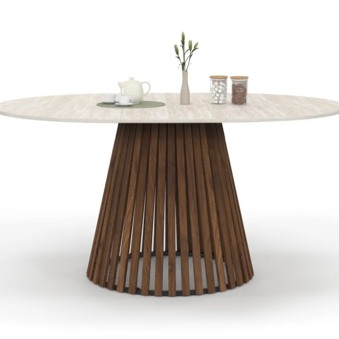 Table à manger extensible ronde 4-8 personnes pied noyer en lattes et plateau effet travertin 110 - 150 cm