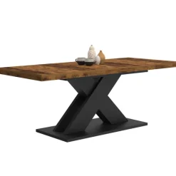 Table à manger extensible rectangle 160-200 cm 6-10 personnes pied X noir et plateau bois foncé