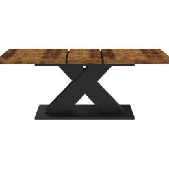 Table à manger extensible rectangle 160-200 cm 6-10 personnes pied X noir et plateau bois foncé
