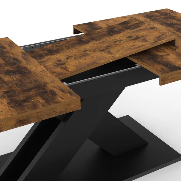 Table à manger extensible rectangle 160-200 cm 6-10 personnes pied X noir et plateau bois foncé