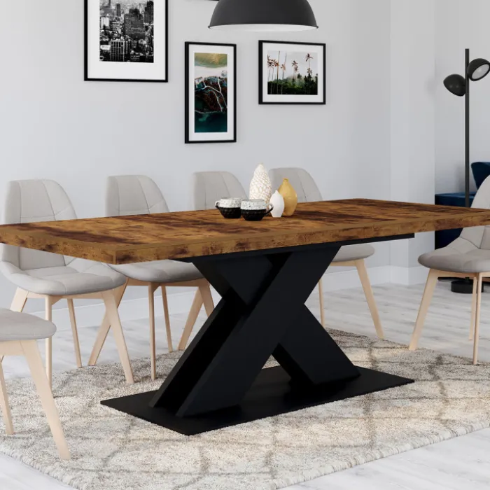Table à manger extensible rectangle 160-200 cm 6-10 personnes pied X noir et plateau bois foncé