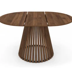 Table à manger extensible ronde 4-8 personnes pied noyer en lattes et plateau noyer 110 - 150 cm
