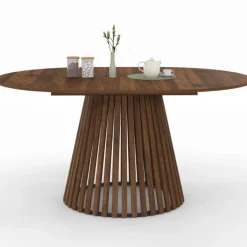 Table à manger extensible ronde 4-8 personnes pied noyer en lattes et plateau noyer 110 - 150 cm