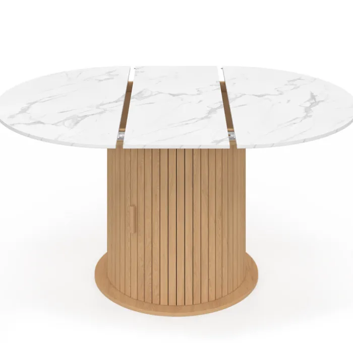 Table à manger extensible ronde 4-8 personnes pied lattes avec rangement et plateau effet marbre blanc 110-150 cm