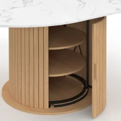 Table à manger extensible ronde 4-8 personnes pied lattes avec rangement et plateau effet marbre blanc 110-150 cm