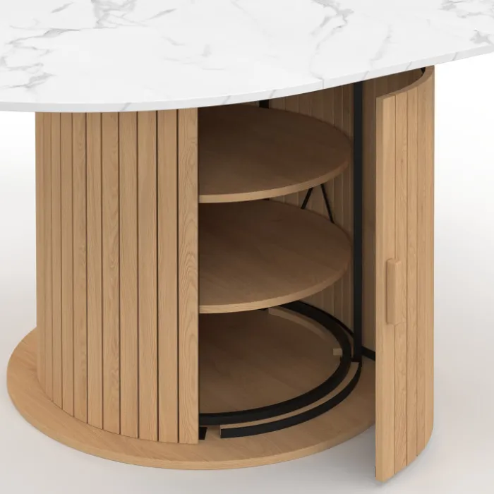 Table à manger extensible ronde 4-8 personnes pied lattes avec rangement et plateau effet marbre blanc 110-150 cm