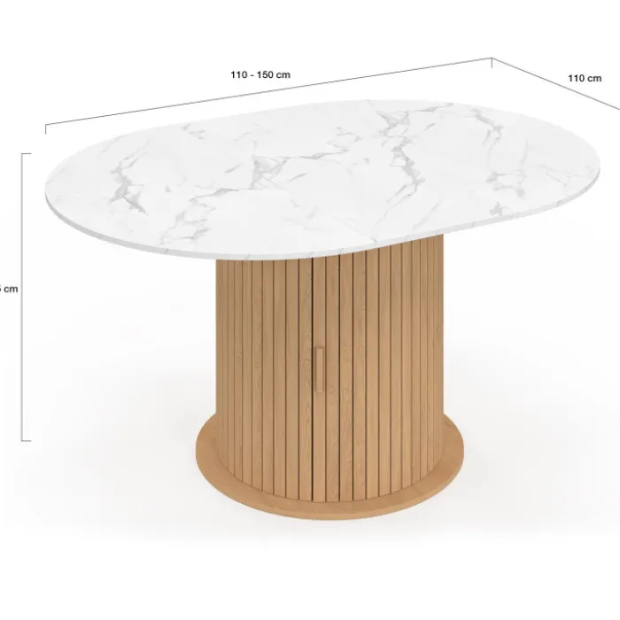Table à manger extensible ronde 4-8 personnes pied lattes avec rangement et plateau effet marbre blanc 110-150 cm